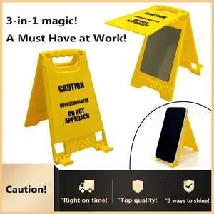 Overstimulated Caution Desk Sign – Funny Desk Decor with Phone Stand & Hidden Mirror, Humor Gag Gift for Coworkers, Boss & Employees