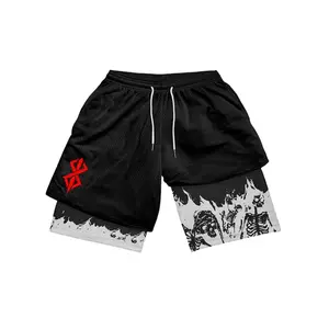 Anime Graphic Gym Shorts 2-in-1 Berserk Graphic Gym Workout Shorts Quick Dry Drawstring Mesh Athletic Running Shorts with Liner Father's Day Gift
