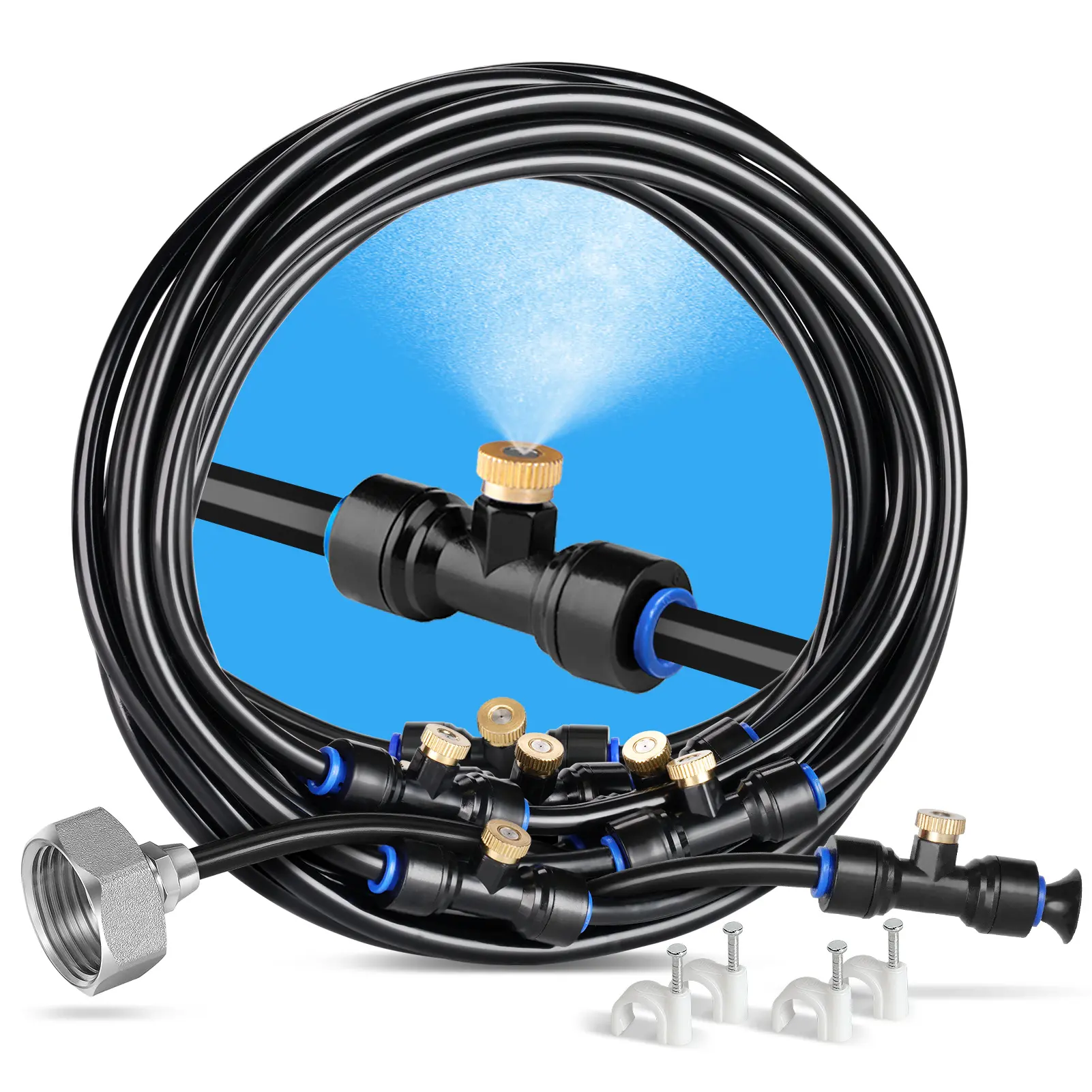 HOMENOTE Heavy-Duty Misting Kit with Brass Parts - Automatic Cooling + Watering System, 26ft Heavy Duty Hose, 3/4" Adapter, Nozzles, Overhead Mist Sprayer Watering Equipment for Patio/Greenhouse Temperature Drop, Automatic Watering System, Trampoline