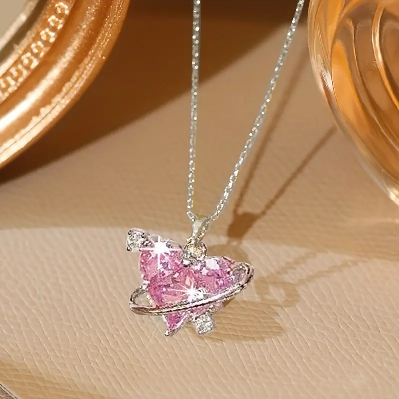 1pc Non Tarnish Stainless Steel Heart Jewellery Pendant Necklace - Shiny Blush Pink Zircon Gemstone, Anniversary & Sentimental Gift for Couples, Non Tarnish Necklace, Anniversary Necklace