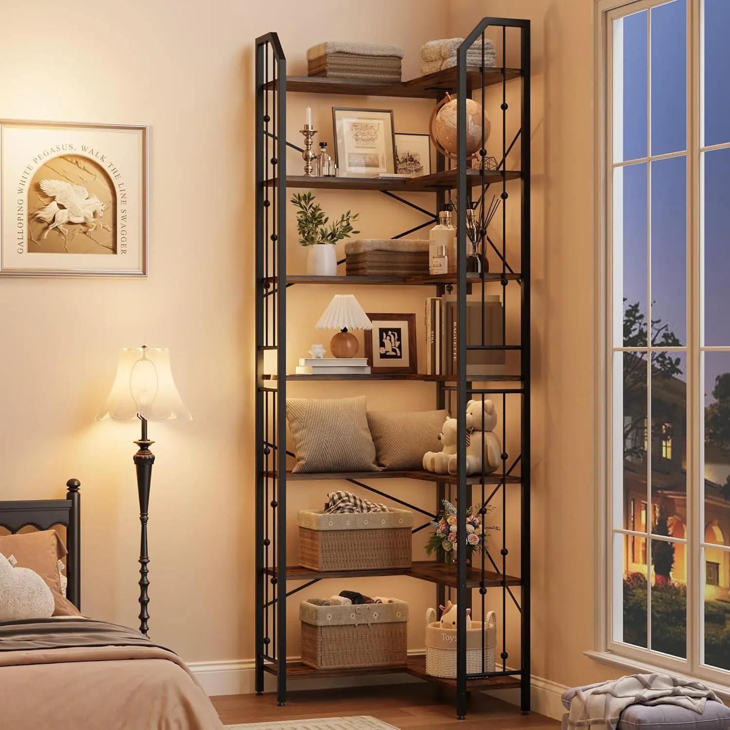Garvee Industrial Corner Bookshelf 86" Tall, 7-Tier L-Shaped Bookcase with Beaded Details & Metal Frame – MDF Storage Shelf for Living Room & Bedroom