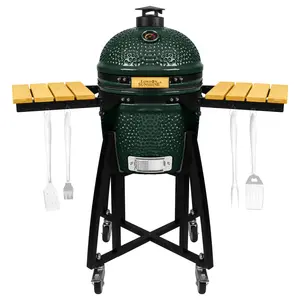 London Sunshine 15-inch Ceramic Kamado Charcoal BBQ Grill & Smoker with Locking Casters, Foldable Side Shelves, Stainless Steel Grates, and Tall Stand Green