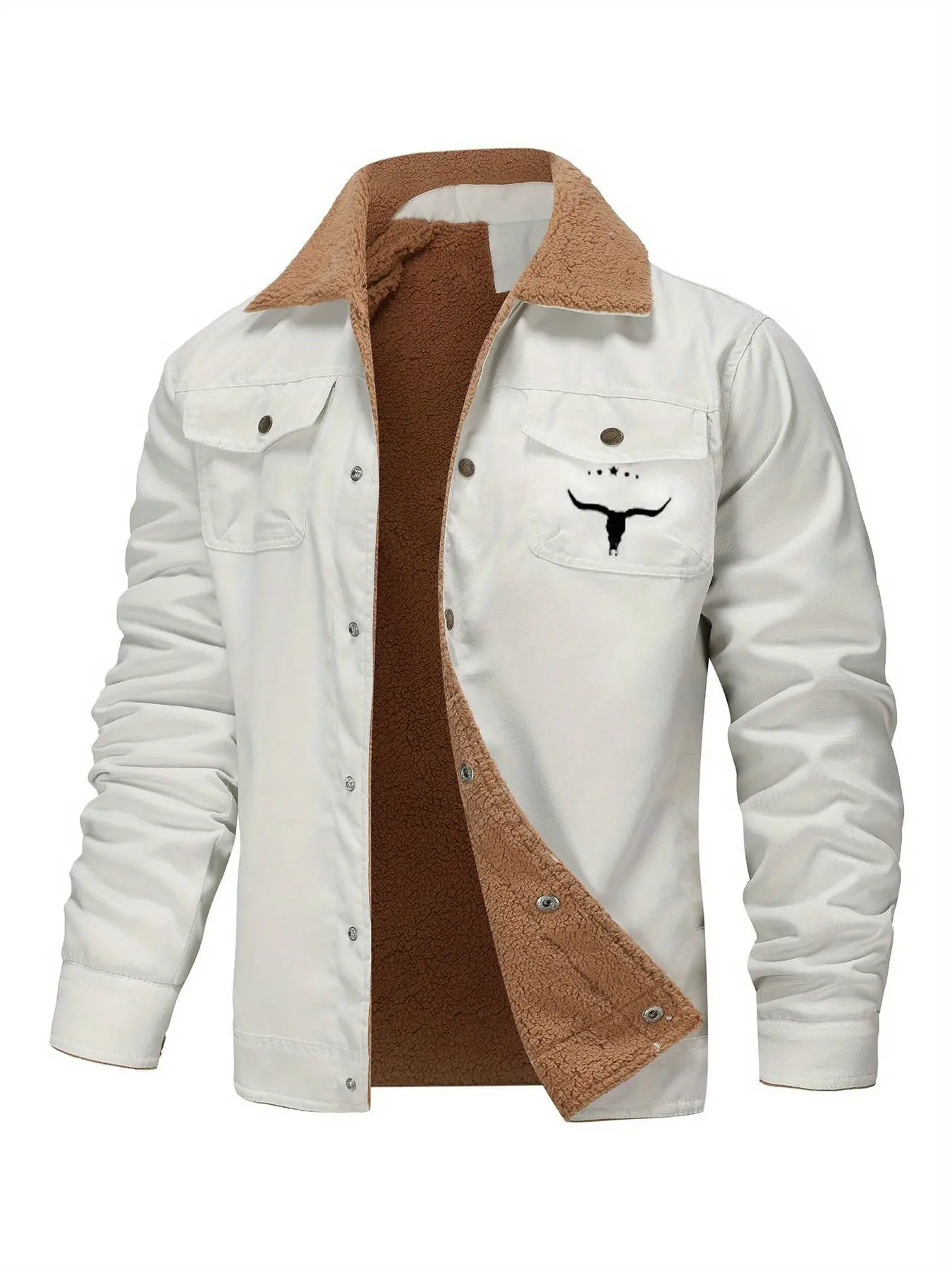 Men's casual heavyweight cotton-polyester jacket with buckle closure, multiple pockets and bull head logo - solid color autumn and winter coat