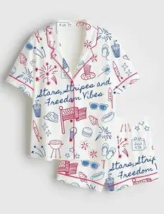 Stars Stripes And Freedom Vibes 4th Of July Patriotic America Satin Pajama Set Adults, 4th Of July Sleepwear, Homewear Patriotic Gifts Women