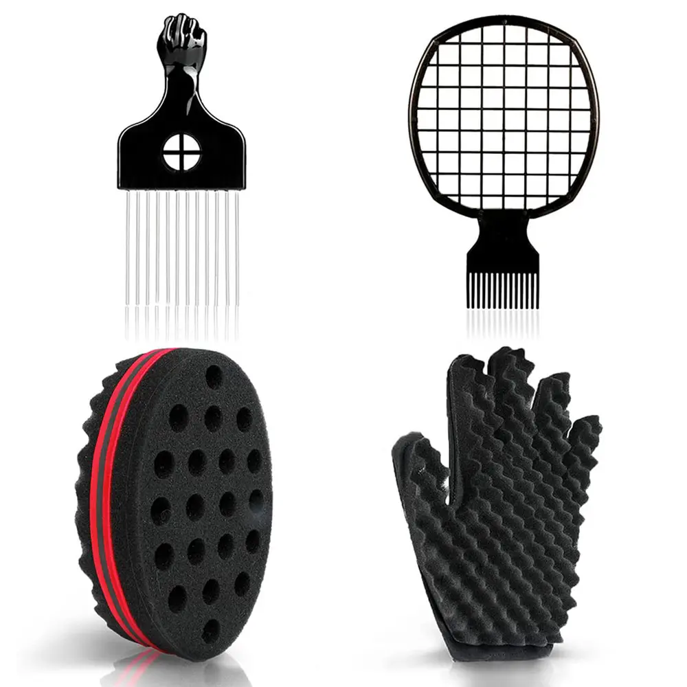 TenSail Multi-Function Curl Styling Sponge Set - Double-Sided Big-Hole Right-Handed Sponge Glove, Metal Brush Pick, Durable Twist Comb for Men, Softening Home Supplies, No Extra Tools Needed for Family and Friends