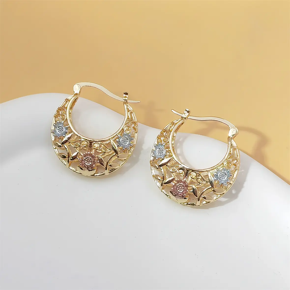 Vintage Flower Hoop Earrings for Women - 14K Gold Plated Tri-Color Filigree Basket Design, Elegant Statement Earrings for Daily Wear & Gift