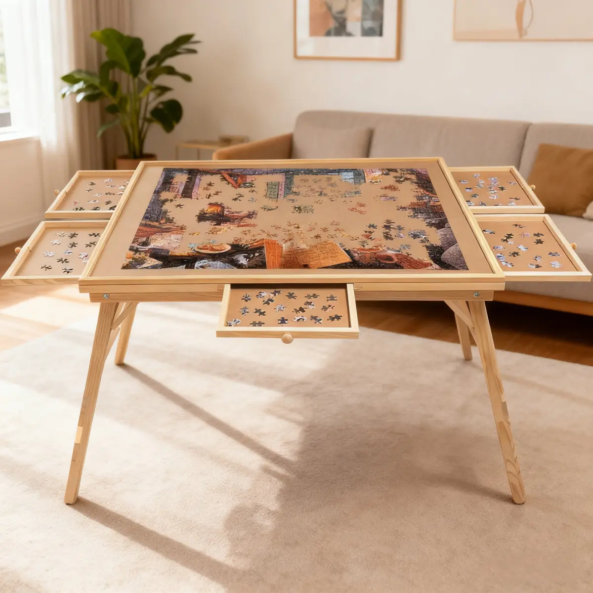 Wooden Durable Folding Jigsaw Puzzle Table with Legs - Ergonomic Gaming Furniture for Adults, 27in H x 34in W x 26in D Spacious Surface Area, 5 Storage Drawers, 1500-Piece Capacity, Ideal for Game Room (Nature-Themed Projects)