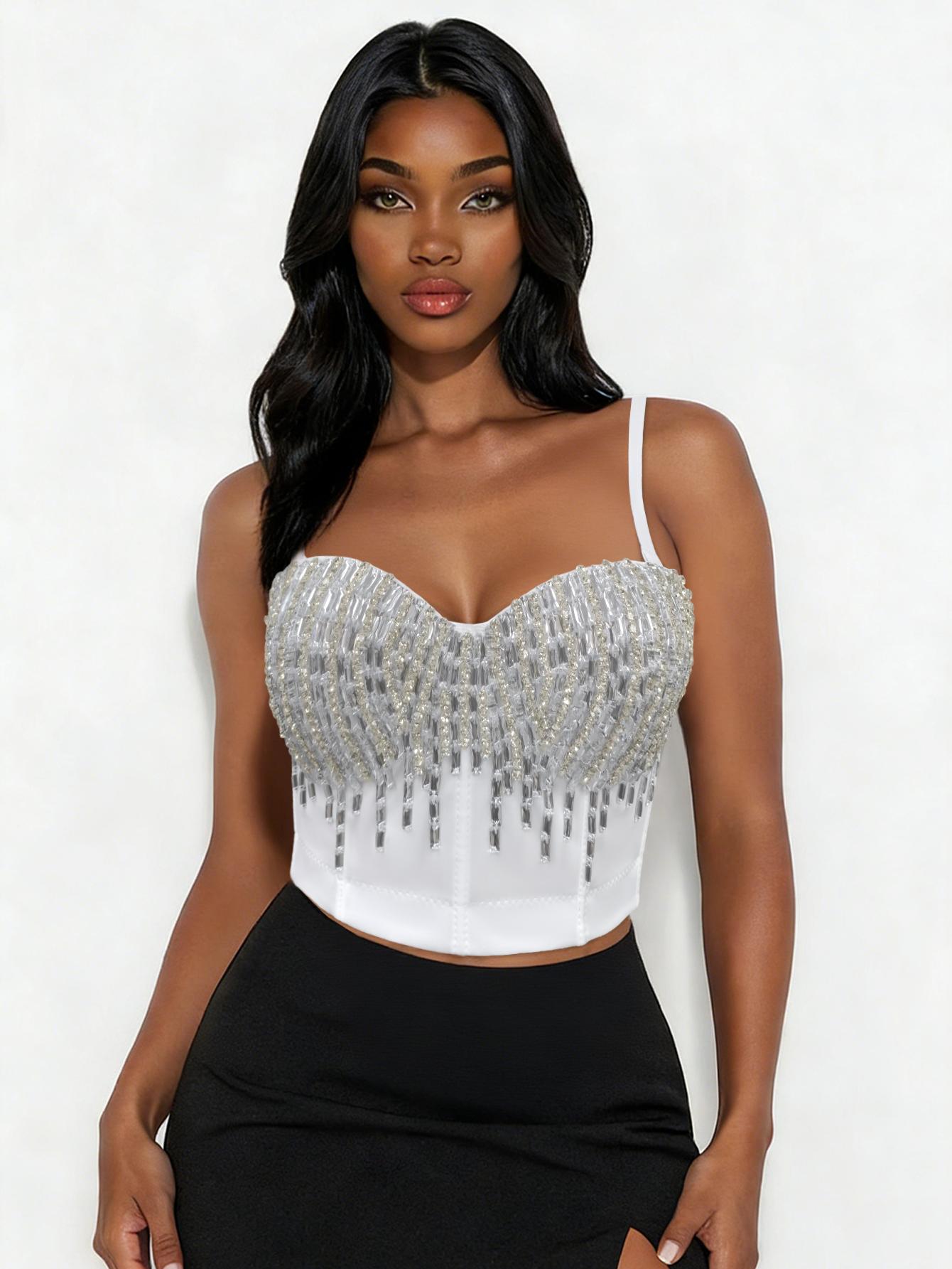 ASANDY Women’s Rhinestone Fringe Bustier Crop Top, Sweetheart Neck Spaghetti Strap Beaded Party Top for Club Nights & Date Nights