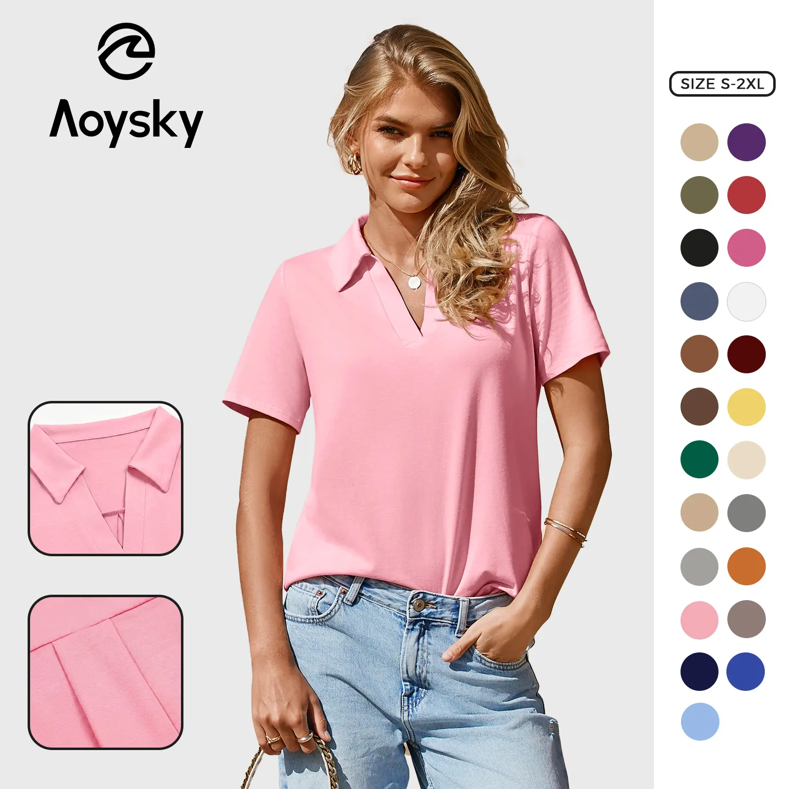 Aoysky Women's Washed Look Polo Shirt, Stylish Fitted V-Neck Top in Lightweight Breathable Polyester, Short-Sleeve Business Casual, Shortsleeve, Minimalist,back to school,back to school shopping