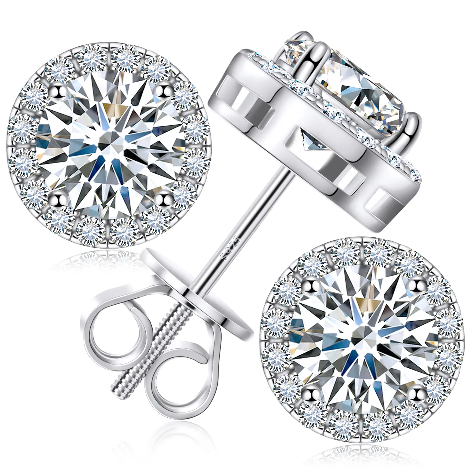 【Screw Back Halo Lab-Created Moissanite Earrings】 UCCIYO 0.2-8.0ct 3-10mm 925 Sterling Silver Real Moissanite Earrings Round Cut Brilliant Stud Earrings E103 For Women Men Fashion Jewelry   summerwins Pretty Studs