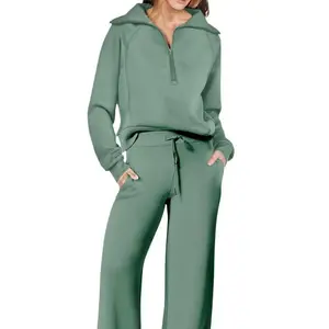 Women's 2 Piece Casual Tracksuit Set - Lapel Half Zip Sweatshirt & Wide Leg Pants, Stylish Matching Outfits for Daily Wear
