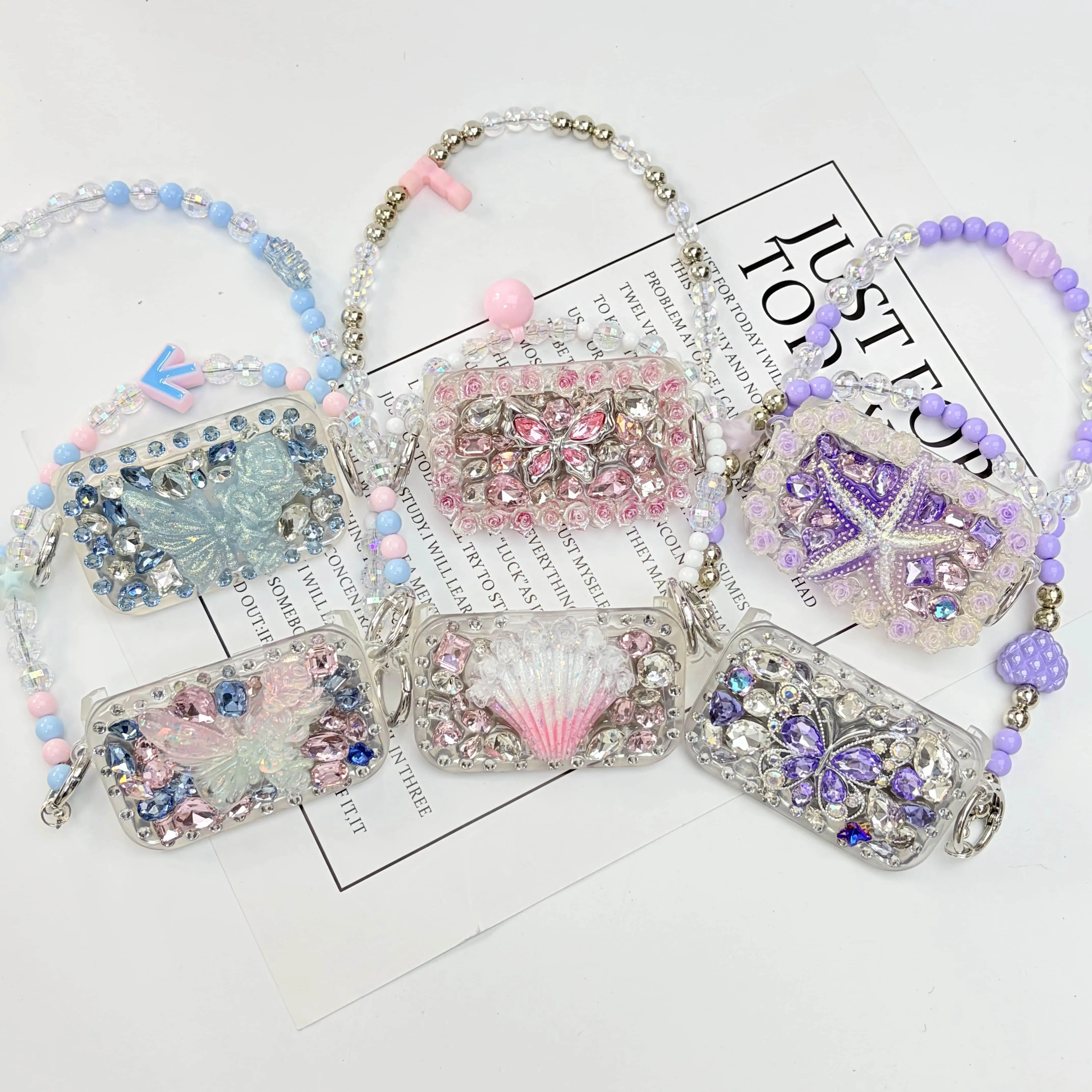 Phone clip, handmade water-stick diamond phone case back clip, makeup mirror with flip cover, including bracelet lanyard, exquisite gift, suitable for girls,Summervibes