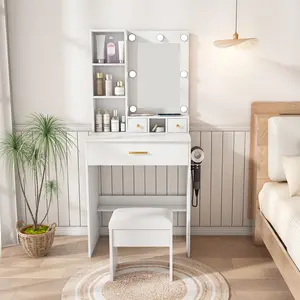 Makeup Vanity Table with Mirror & Adjustable LED Lights, Power Outlet, Hairdryer Holder & Stool ,Dressing Desk for Small Bedrooms