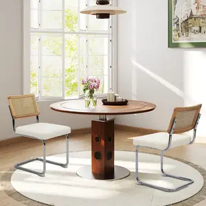 Mid-Century Modern Dining Chairs with Rattan Back and Chrome Frame, Upholstered Seat, Set of 2, Perfect for Dining Room and Kitchen