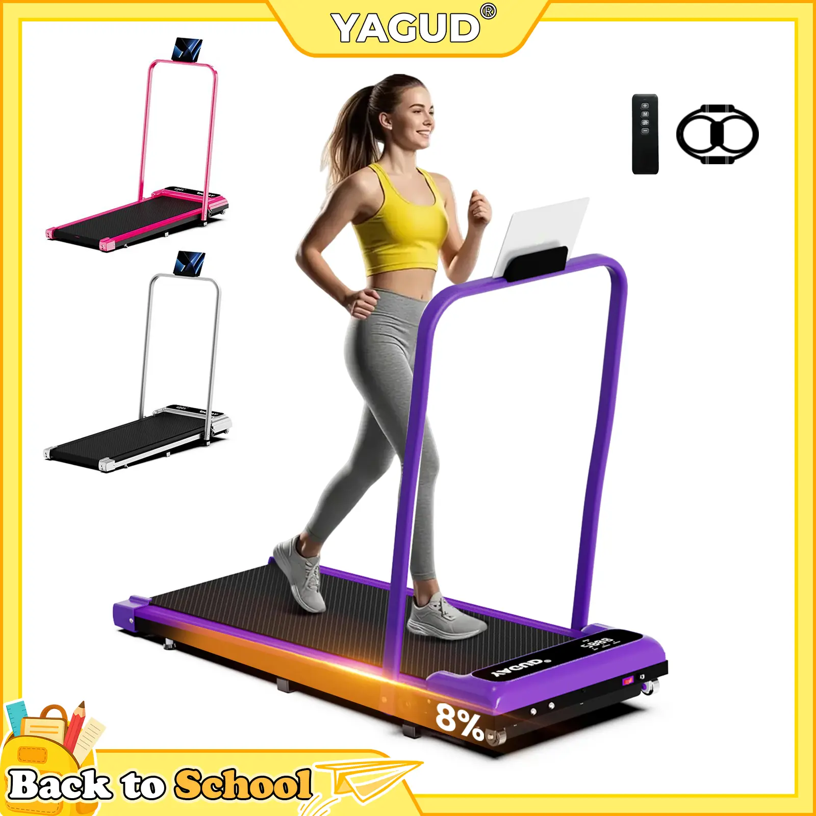 YAGUD Adjustable Incline Compact Handrail Walking Treadmill - Home Gym Equipment, Quiet Motor Walking Pad, Dual Shock-Absorption, 330lbs Capacity, Transport Wheels, Remote Control, Free Resistance Bands, Automatic Folding, Cardio Support