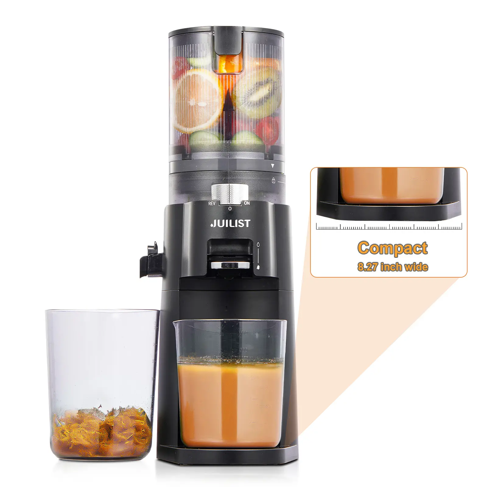Juilist Compact Cold Press Slow Masticating Juice Separation Juicer - 104.9mm Chute, 0.83L Capacity, Silent Operation, BPA-Free Non-Toxic, Easy to Clean, High Yield for Whole Fruits & Vegetables, Office-Friendly for Office Users (Black)