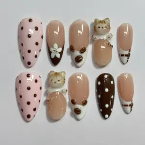 Cat Coffee Bean Press On Nails, Kawaii Handmade, Handmade Nail Art