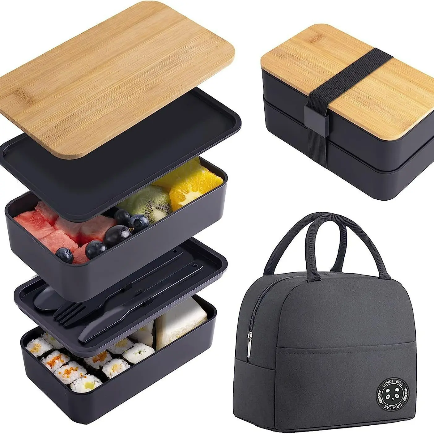 Double-Layer Japanese Leakproof Lunch Box Set, Includes Insulated Food Bag, Large-Capacity Compartment, Microwave Safe Plastic Container