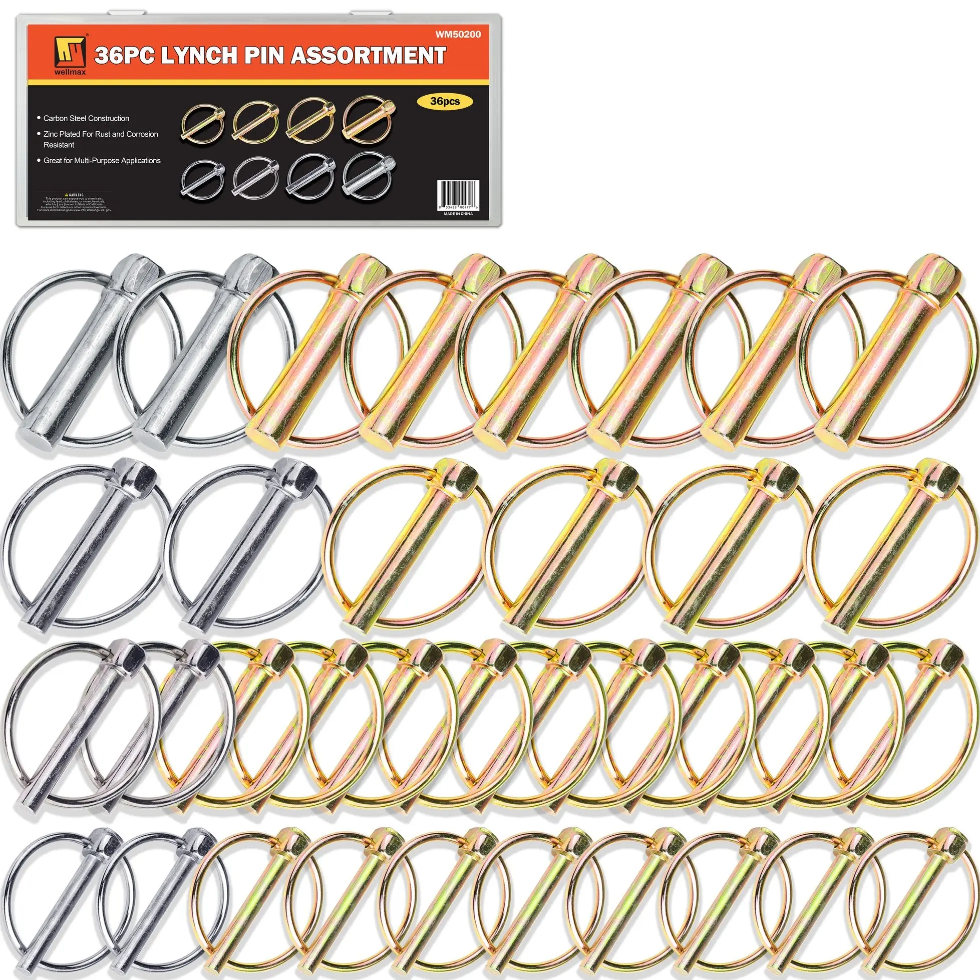 Wellmax 36-Piece Lynch Pin Assortment - Zinc-Plated Heavy-Duty Safety Pins with 3/16", 1/4", 5/16" and 7/16" Diameters for Automotive & Motorcycle Fasteners