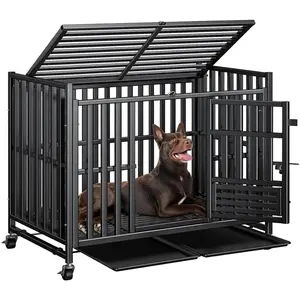 Heavy Duty Dog Crate, Reinforced Thickened Steel Frame Indestructible Kennel for Large & High Anxiety Dogs, Escape Proof Design with 3 Doors, 4 Lockable Wheels and 2 Removable Trays