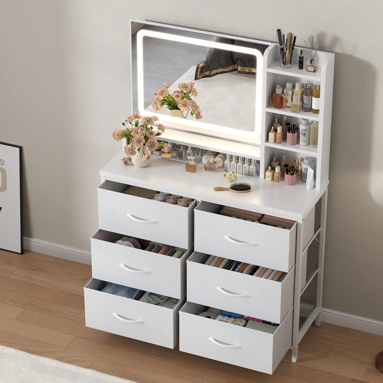 Gyfimoie Dresser with Mirror for Bedroom, 33" W Chest of Drawers with LED Mirror, White Dresser with 6 Fabric Drawers, Modern Makeup Table Vanity Desk with 3 Storage Shelves, 3 Lighting Modes