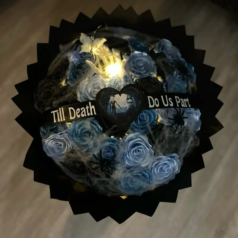 Corpse Bride Eternal Bouquet with Blue Roses and Heart Motif for Gothic Decor Featuring 'Till Death Do Us Part' Inscription