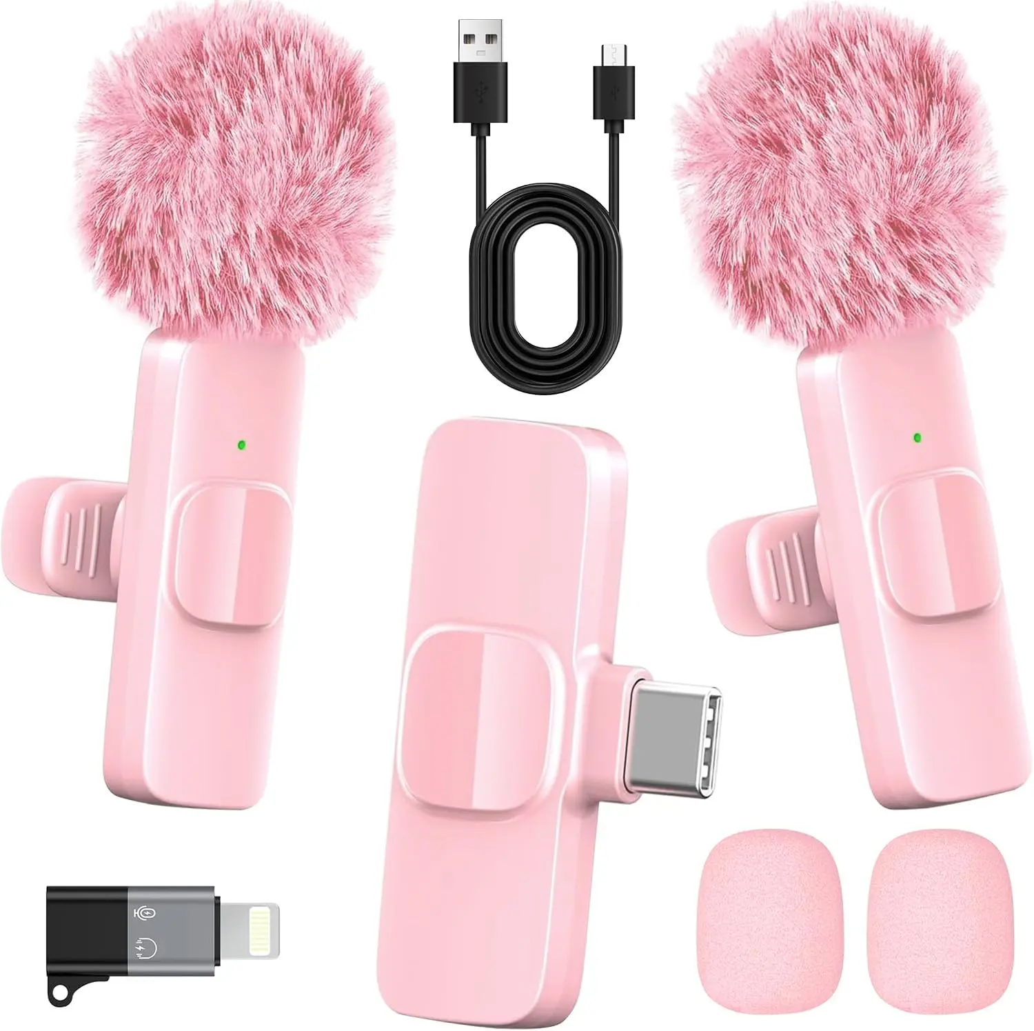 Pink Wireless Lavalier Microphone for iPhone & Android, Mini Clip-On Mic with Noise Reduction, USB-C & Lightning, 65ft Range, 8H Battery for TikTok, YouTube & Live Streaming