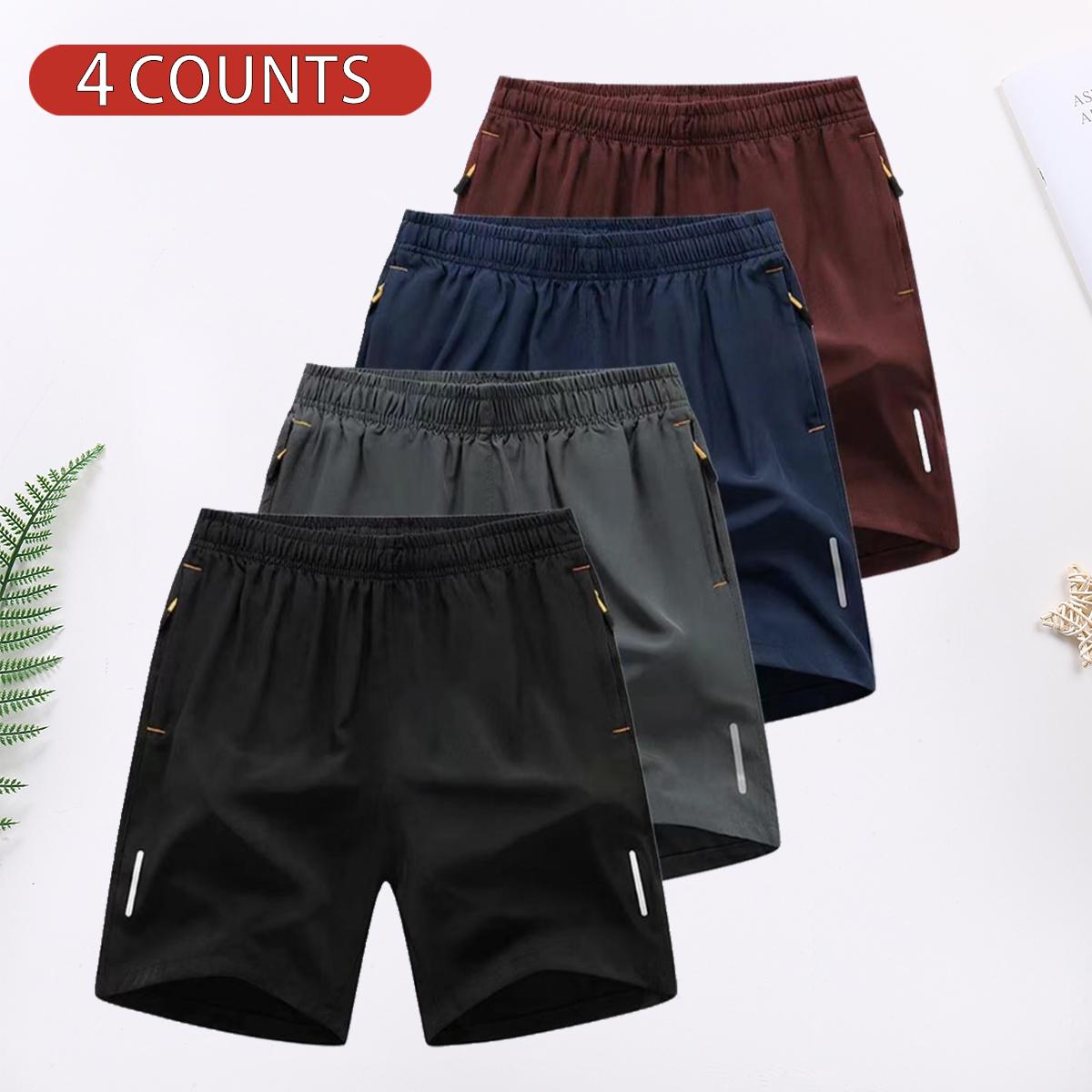 4 Counts Men's Solid Color Zipper Pocket Shorts, 4 Pack Casual Comfortable Breathable Shorts for Summer, Men's Bottoms for Everyday Wear