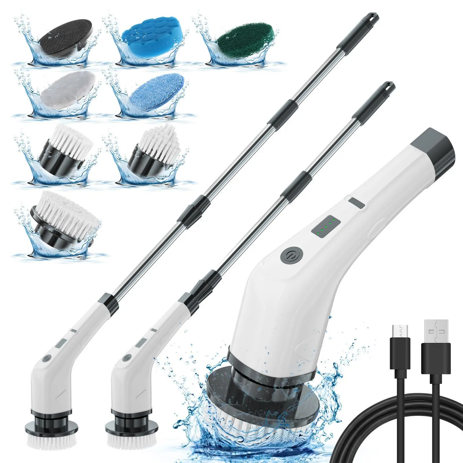 Wireless Cordless Handheld Scrubber - USB Rechargeable Powerful Cleaning Tool with Adjustable Speed, 8 Replaceable Power Scrubber Brushes, Extendable Handle for Bathroom, Kitchen (Back Pain Relief), Fastcharging