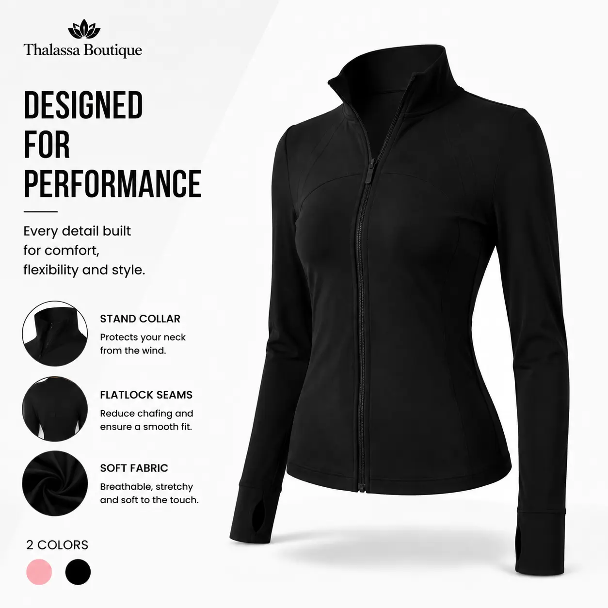 Women's Slim Fit Full Zip Workout Jacket – Long Sleeve Stand Collar Athletic Track Jacket with Thumb Holes, Lightweight Stretch Activewear for Running, Gym, Yoga & Everyday Wear