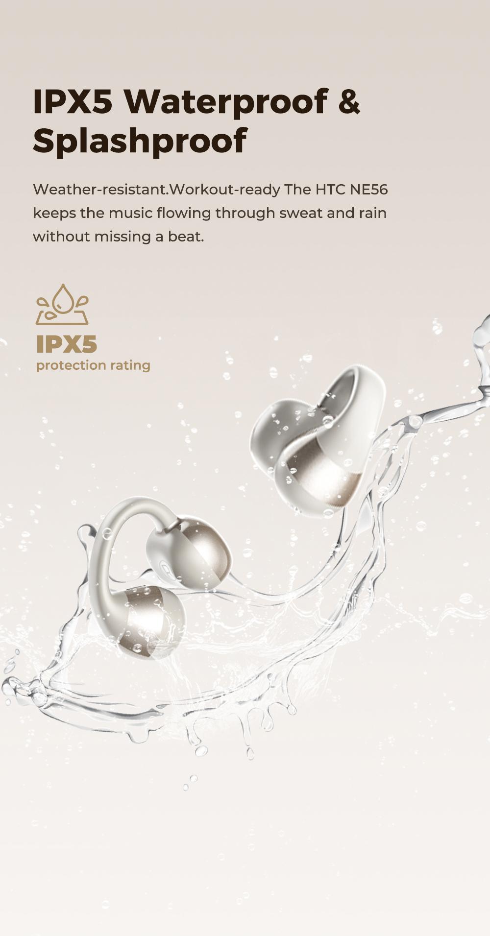 HTC NE56 OWS - The latest clip-on earphones from 2025. Bluetooth headset (6.0), IPX5 water resistance, and a built-in microphone. Super comfortable to wear and excellent sound quality.