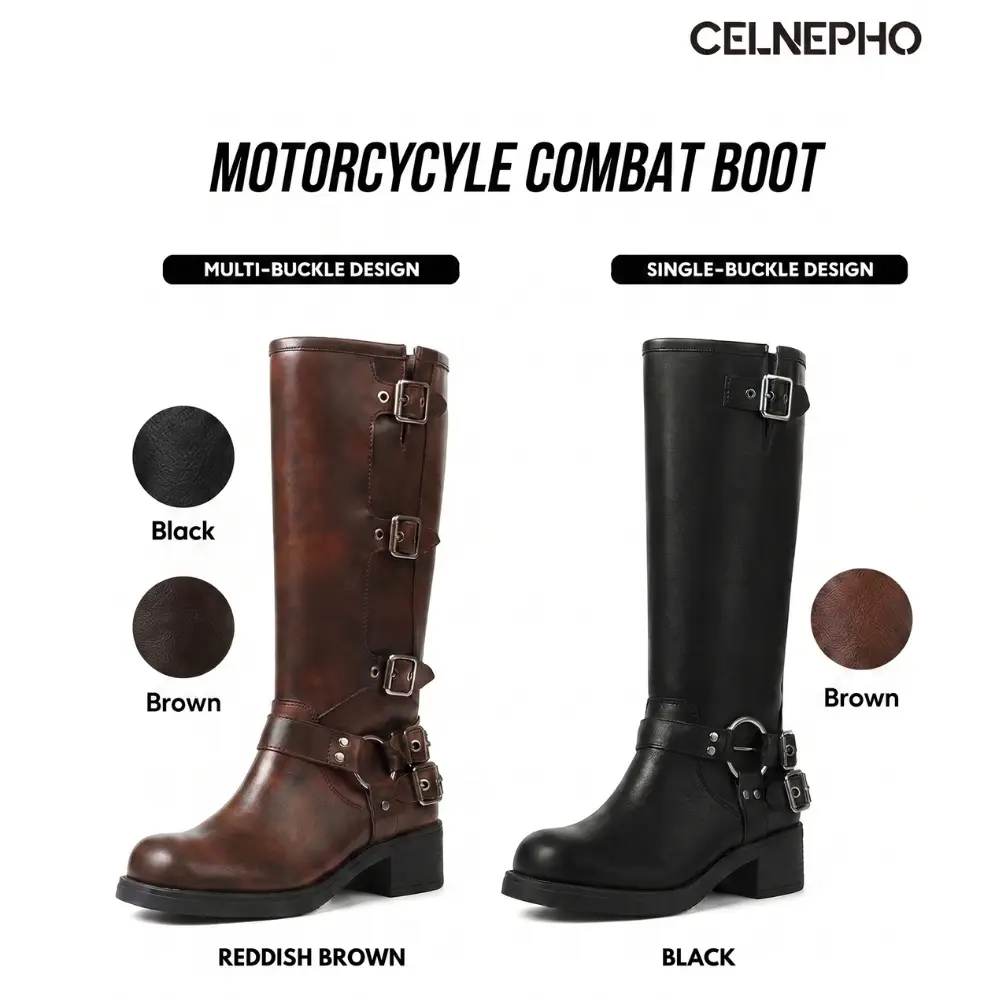 CELNEPHO Motorcycle Combat Boots for Women Round Toe Chunky Block Vintage Heel Metal Buckle Design Comfy Easy Pull on Rocky Boots Gift Party Date Bike Riding Work Casual Long Tall Punk Fall Footwear Fashion Dress Shoes