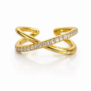 Gold Criss Cross Crystal Ring for Women Minimalist Adjustable Ring with Elegant Design and Sparkling Stones