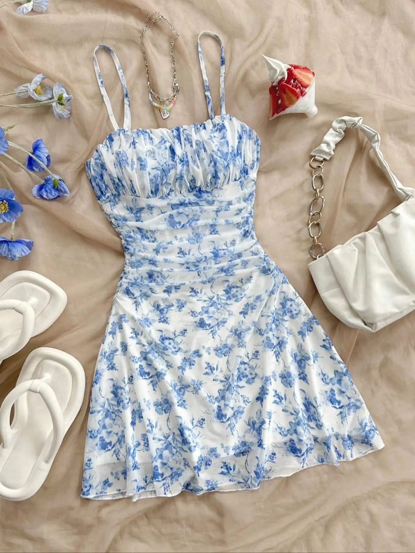 Summer Women's Dress, Blue and Floral Mesh Off-Shoulder Spaghetti Strap Sleeveless Vacation Beachwear Dress, Elegant All over Print, Perfect for Summer, Bohemian, Casual Beach Sundress, Boho Beach Dresses, Boho Style Dress, Boho Printed Dress