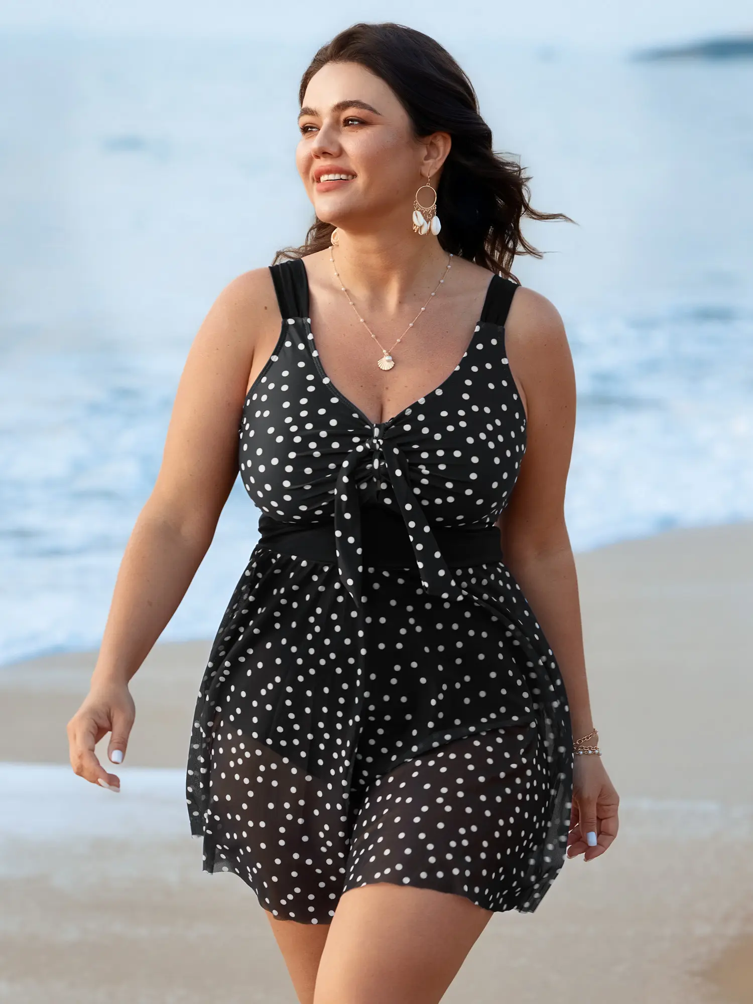 Plus Size Polka Dot Resort Swim Dress, High Stretch Tunic with Tummy Control, Mesh Heart Neckline and Removable Cups, Built-in Bikini 22-24/3x, Plus Size Swimsuits, Polka Dots, Swimdresses, Sleeveless Swimsuits, Swimsuits Tummy Control, Sculpting Waist Sw
