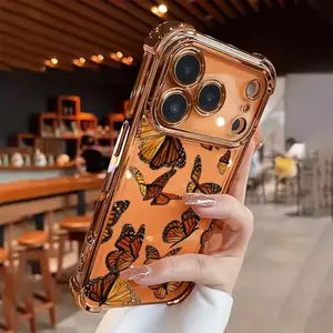 Creative Monarch Butterfly pattern electroplated four-corner airbag shockproof and anti-drop phone case. Suitable for iPhone 17 Pro Max, 16/15/14/13/12/11 Pro Max, and Samsung S25, S24, S23 (airbag shockproof transparent protective case).