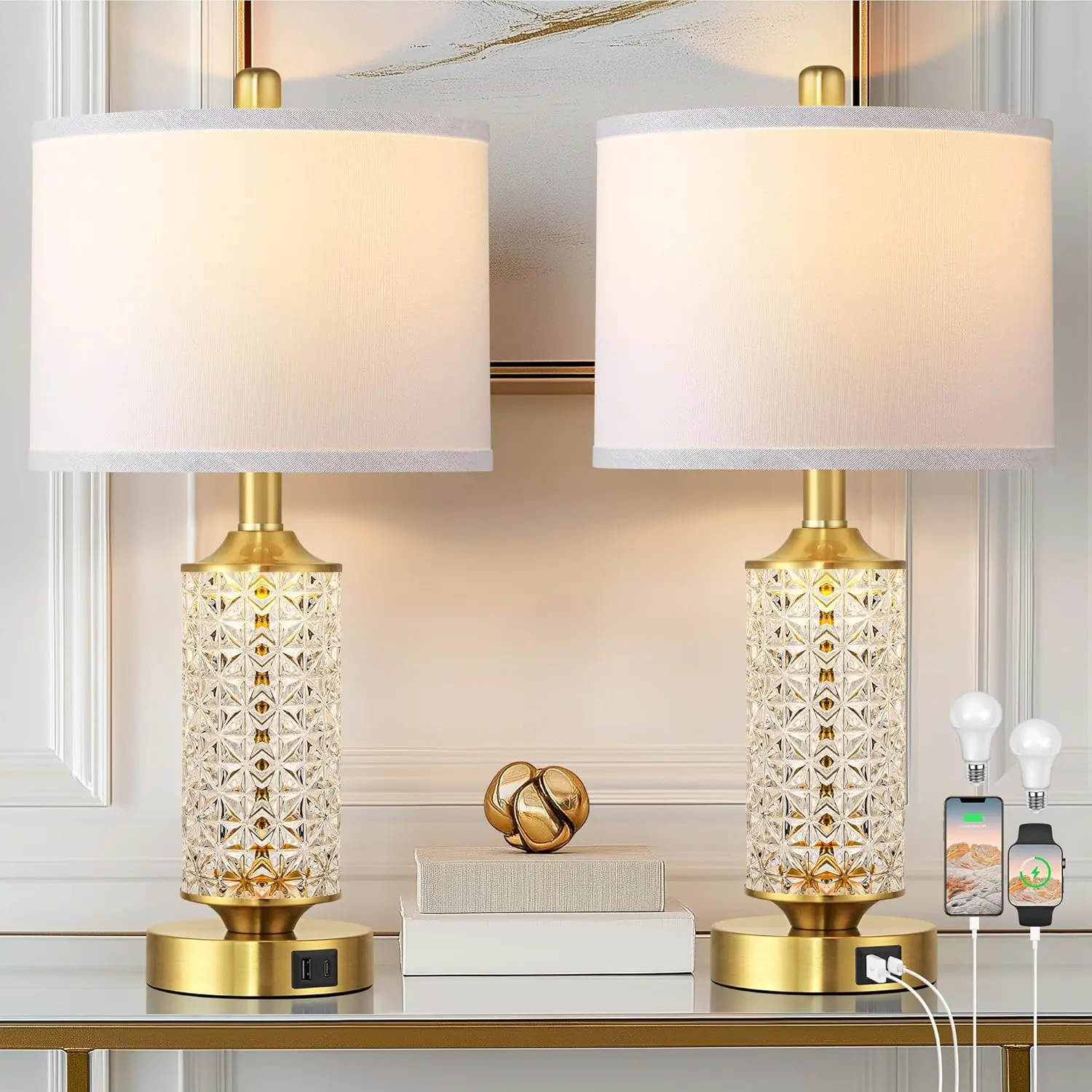 Set of 2 Table Lamps with USB A+C Ports, Modern Bedside Lamp with LED Night Light, Bedside Lamp for Bedroom, Nightstand Lamps for Living Room Office (Gold)(2 Bulbs Include)