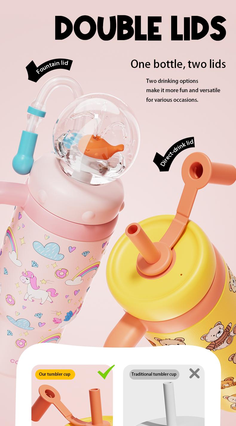 【COMOBEBE】24oz Stainless Steel Whale Fountain Tumbler – Adorable Pattern Designs, Spill-Proof, Dual Lids, Dishwasher Safe, Perfect for Kids & Adults