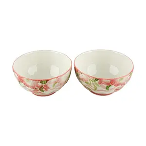 Golden Lion Japanese Lotus Bowl Set - 4.5 Inch Pink Pomegranate Flower Ceramic Rice Bowls (2 Pack)