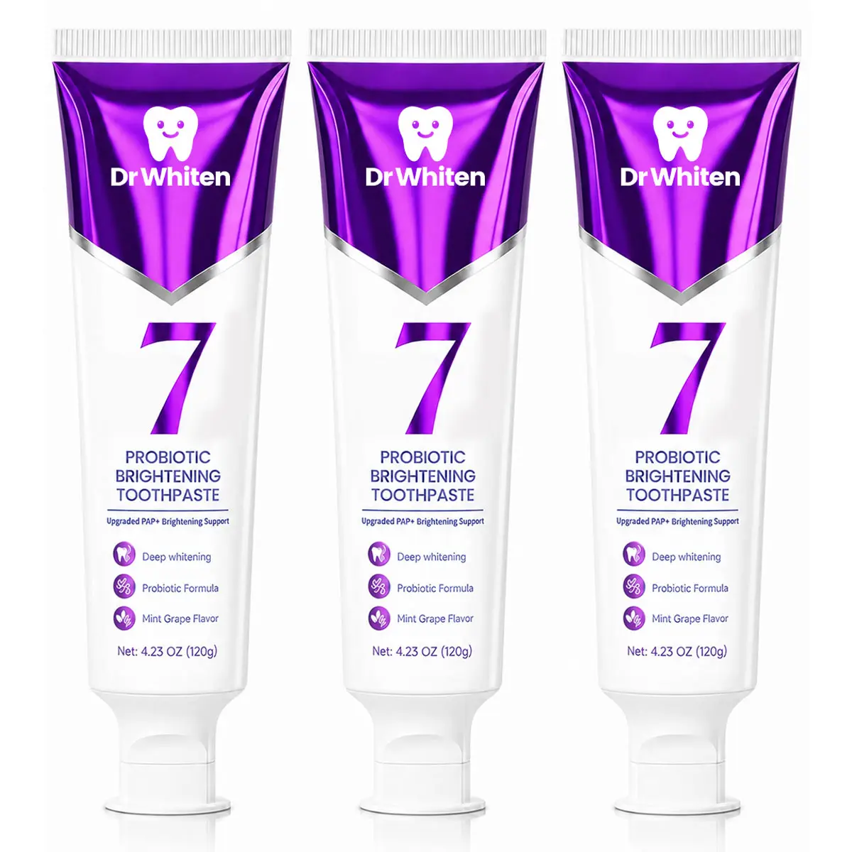 DrWhiten New 7-Pro Probiotic Purple Toothpaste | Fresh Breath & Color-Correcting Formula | Helps Balance Yellow Tones | Fluoride-Free | Mint Grape Flavor | 4.23 oz