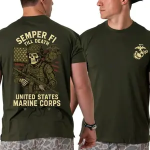 U.S. Marines T-Shirt & Hoodie Semper Fi Till Death Skeleton Marine with Rifle and American Flag Graphic 2 Sides Patriotic Military Tee with USMC Logo for Veterans, Unisex T-shirt, Menswear Clothing, Clothing for men, Gift for Boyfriend, Gift for Dad