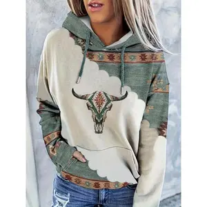 Women's Tribal Bull Head Print Drop Shoulder Hoodie, Boho Casual Drawstring Pocket Hooded Sweatshirt for Daily Holiday Outdoor Wear, Graphic Hoodie, Western Clothing, Fashion Women's Clothes for Spring & Fall, Downtown Girl Clothes, Tops