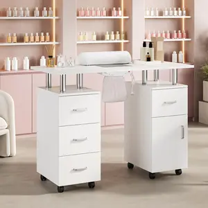 Nail Tech Table with Dust Collector, Storage Drawers, Hand Rest, Locking Wheels, Portable Manicure Table Manicure Station for Makeup Beauty Salon