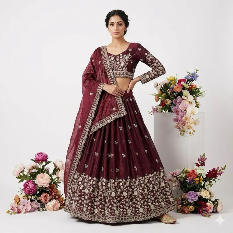 Women's 2-Piece Unstitched Traditional Lehenga Set - Ethnic Floral Print Blouse, Skirt - Indian Special Occasion Party Wear, Original