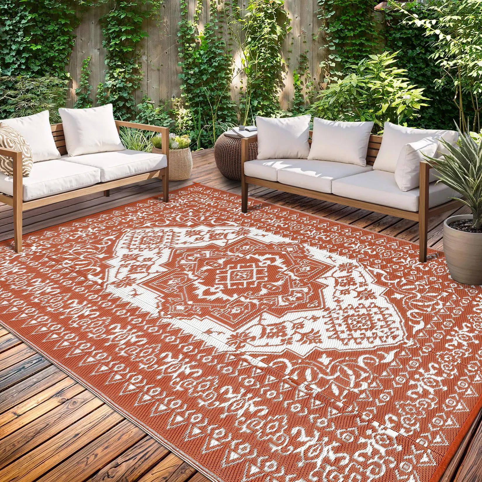 Classic Multi-Size Large Outdoor Garden Decoration Rug, Vintage Printed Reversible Waterproof Plastic Straw Mat, Foldable Portable for Patios, Backyards, Beaches, Printed Rug