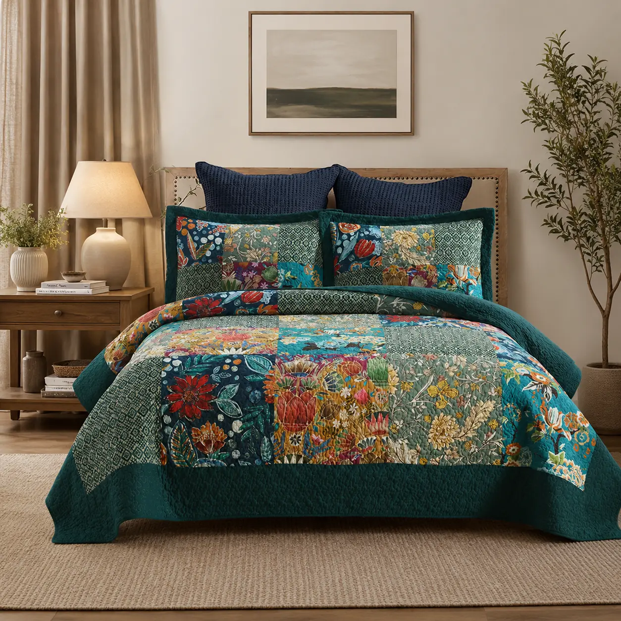 [Real Patchwork] Cotton Bedspread Quilt Set, Reversible Bedding Coverlet and Lightweight Comforter, Vintage Floral Real Patchwork Quilt, Multiple Designs and Sizes | Breathable, Soft and Durable, Handmade Patchwork, Machine Washable, Jacquard Stitching