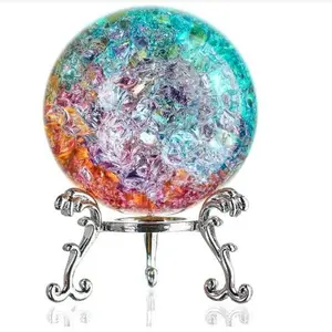 ZEERSHEE 60mm Colorful Ice Cracked Crystal Ball with Stand Decorative Glass Ball Paperweight for Home Wedding Office Christmas Decor