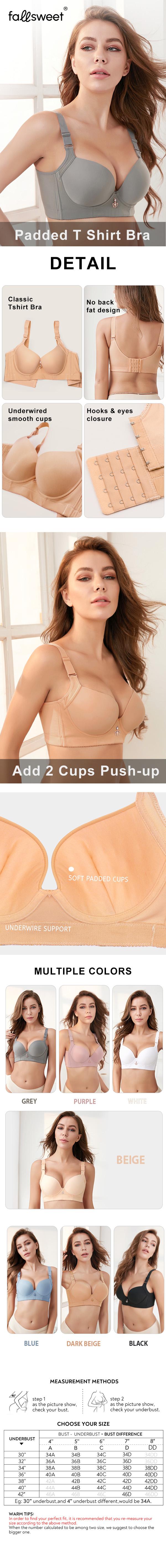 FallSweet Padded T Shirt Bras for Women Push Up Comfort Underwire Brassiere 34A to 44C