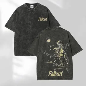 Fallout series-inspired gaming apparel – 100% cotton washed vintage T-shirt, featuring retro atomic wasteland graphics and post-apocalyptic streetwear elements, perfectly suited for Y2K, hip-hop, concerts, Halloween, truck fit clothes gorlock destroyer