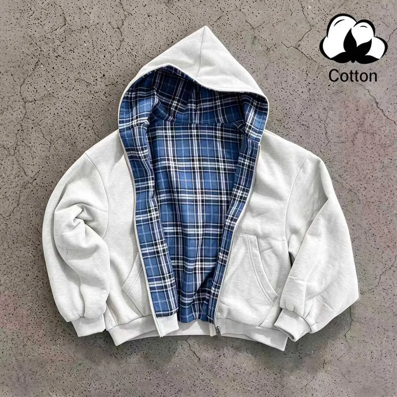 Unisex cotton zip-up hooded jacket, plaid reversible sweatshirt outerwear with pockets, loose street-style design, suitable for everyday wear, travel, and outdoor leisure.